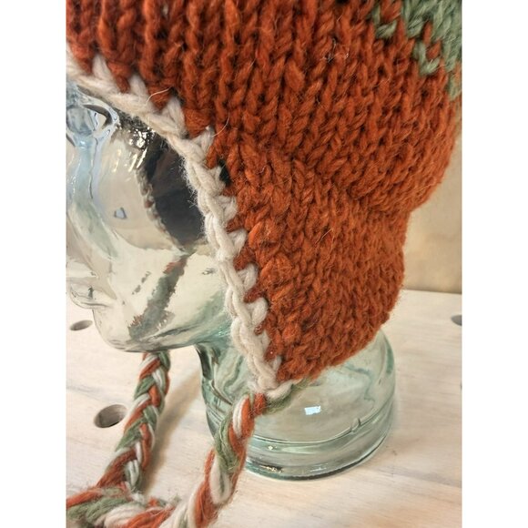 D&Y 100% Wool Knit Earflap Beanie Hat Fleece Lined Nepal Orange Green Nordic - Picture 7 of 12